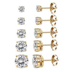 Women's 5 Pairs CZ Stud Earrings Simulated Diamond Round Warm Gold